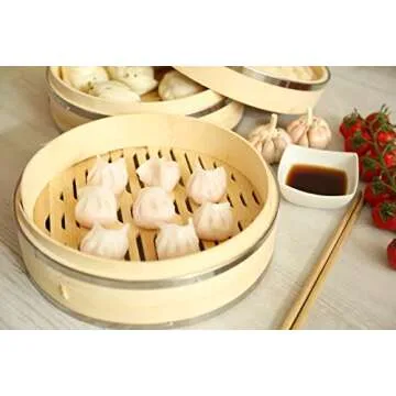 10 Inch (25.4cm) Premium Organic Bamboo Steamer by Harcas. Large 2 Tiers with Lid. Strong, Durable. Best for Dim Sum, Vegetables, Meat and Fish. Hand Made. Chopsticks Included