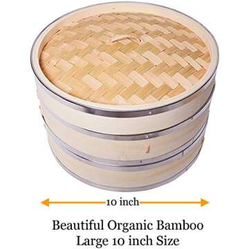 10 Inch (25.4cm) Premium Organic Bamboo Steamer by Harcas. Large 2 Tiers with Lid. Strong, Durable. Best for Dim Sum, Vegetables, Meat and Fish. Hand Made. Chopsticks Included