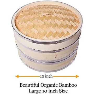 10 Inch (25.4cm) Premium Organic Bamboo Steamer by Harcas. Large 2 Tiers with Lid. Strong, Durable. Best for Dim Sum, Vegetables, Meat and Fish. Hand Made. Chopsticks Included