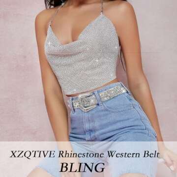 XZQTIVE Cowgirl Bling Studded Leather Belts for Jeans Pants with Rhinestone and Western Silver Buckle, Unisex(0-Silver (Silver Buckle), Fit waist 27-30 inch)