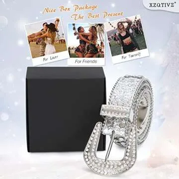 XZQTIVE Cowgirl Bling Studded Leather Belts for Jeans Pants with Rhinestone and Western Silver Buckle, Unisex(0-Silver (Silver Buckle), Fit waist 27-30 inch)