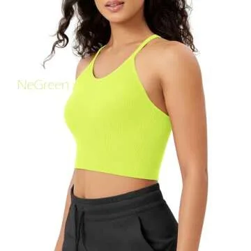 ODODOS Women's Crop 3-Pack Seamless Rib-Knit Camisole Crop Tank Tops, Neon Pink Green Orange, X-Small/Small