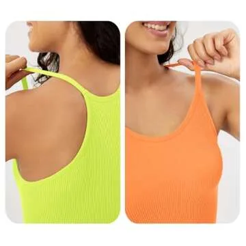 ODODOS Women's Crop 3-Pack Seamless Rib-Knit Camisole Crop Tank Tops, Neon Pink Green Orange, X-Small/Small