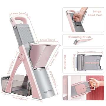 Upgrade Safe Mandoline Slicer Plus for Kitchen, SupMaKin Bigger Port Vegetable Food Potato Chopper, Adjustable Thickness, Julienne & Dicer Salad Making Chopping Artifact (Pink)