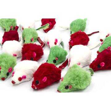 AXEL PETS 20 Merry Christmas Festive Holiday Cat Mice Toys with Catnip and Rattle Sound Made of Real Rabbit Fur Interactive Catch Play Mouse Toy for Cat, Pack of 20 Mice