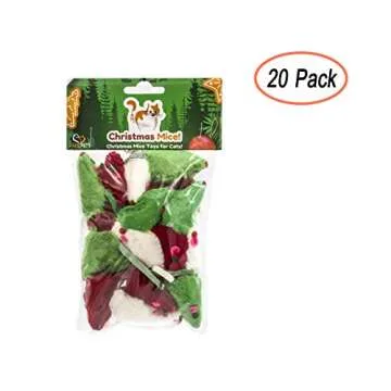 AXEL PETS 20 Merry Christmas Festive Holiday Cat Mice Toys with Catnip and Rattle Sound Made of Real Rabbit Fur Interactive Catch Play Mouse Toy for Cat, Pack of 20 Mice