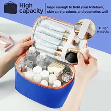 Makeup Bag Portable Travel Cosmetic Bag for Women, Beauty Zipper Makeup Organizer PU Leather Washable Waterproof (Blue)