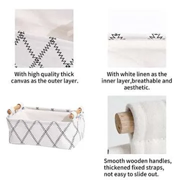 LUFOFOX Decorative Collapsible Rectangular Fabric Storage Bin Organizer Basket with Wooden Handles for Clothes Storage, 11"×7.1"×3.9", White