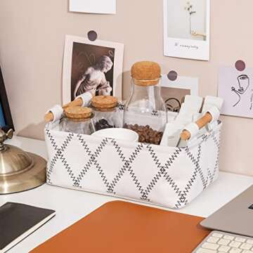 LUFOFOX Decorative Collapsible Rectangular Fabric Storage Bin Organizer Basket with Wooden Handles for Clothes Storage, 11"×7.1"×3.9", White
