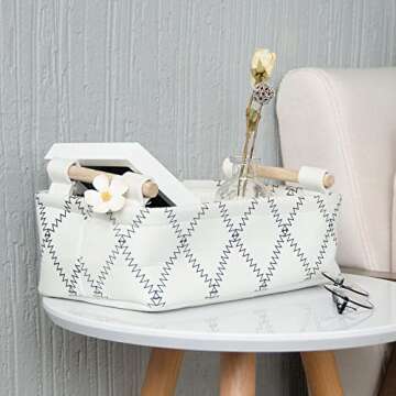 LUFOFOX Decorative Collapsible Rectangular Fabric Storage Bin Organizer Basket with Wooden Handles for Clothes Storage, 11"×7.1"×3.9", White