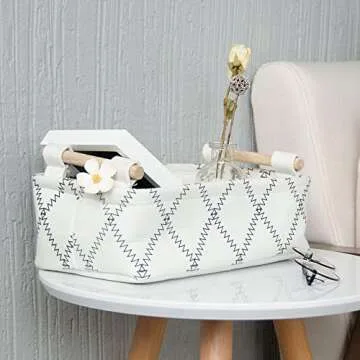 LUFOFOX Decorative Collapsible Rectangular Fabric Storage Bin Organizer Basket with Wooden Handles for Clothes Storage, 11"×7.1"×3.9", White