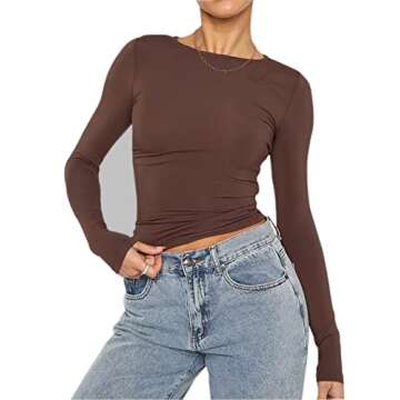Cioatin Women’s Long Sleeve Round Neck Crop Top Tee Shirt Basic Solid Tight Slim Fit Cropped Shirt...