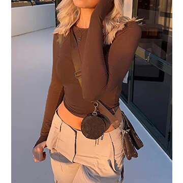 Cioatin Women’s Long Sleeve Round Neck Crop Top Tee Shirt Basic Solid Tight Slim Fit Cropped Shirt Workout Yoga Coffee Brown