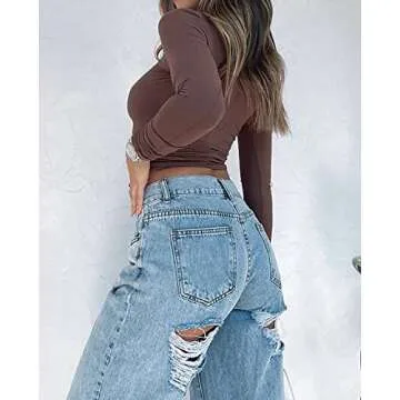 Cioatin Women’s Long Sleeve Round Neck Crop Top Tee Shirt Basic Solid Tight Slim Fit Cropped Shirt Workout Yoga Coffee Brown