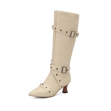 MRKEWUNEY Elegant Women Knee High Boots - Kitten Heel, Zipper, Pointed Toe