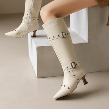 Chic MRKEWUNEY Kitten Heel Knee High Boots for Women