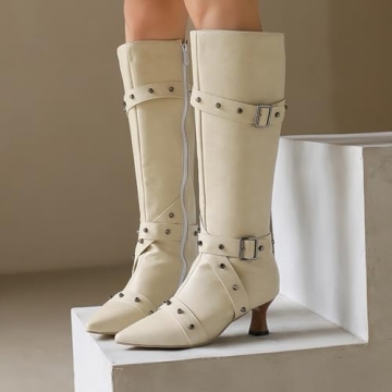 Chic MRKEWUNEY Kitten Heel Knee High Boots for Women