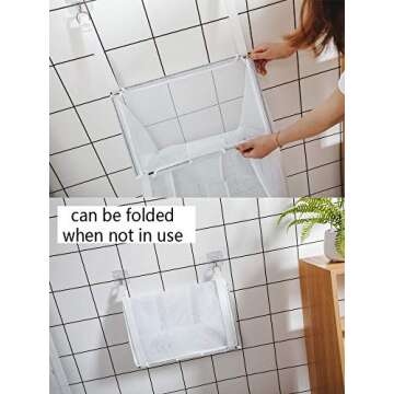 ALYER Wall Hanging Mesh Laundry Hamper,Over the Door Large Storage Bag with Big Metal Rim Opening,Hardware Included (White)