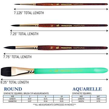 Princeton Neptune Watercolor Brushes 4750 Series - 4pc Soft Synthetic Squirrel Watercolor Brush Set - Aquarelle 3/4 inch - Round 2, 6 and 10 - Artist Paint Brushes - Paint Brush Set