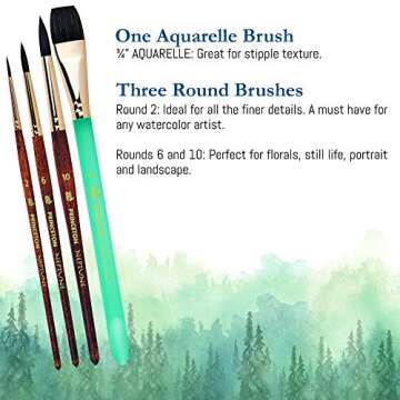 Princeton Neptune Watercolor Brushes 4750 Series - 4pc Soft Synthetic Squirrel Watercolor Brush Set - Aquarelle 3/4 inch - Round 2, 6 and 10 - Artist Paint Brushes - Paint Brush Set