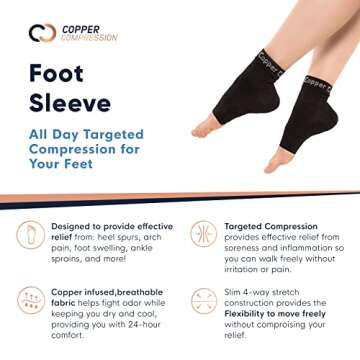 Copper Compression Foot Sleeves - Plantar Fasciitis, Achilles, Ankle Support Brace Socks - Day / Night Relief from Heel Spurs, Arch Pain, Swelling, Soccer Injuries, Golf, Running - 1 Pair Black - S/M