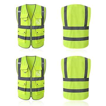 Tekware Safety Vest with Pockets 2 Pack, Yellow High Visibility Vest with Reflective Silver Strip, Zipper Construction Vest for Night Running, Jogging, Cycling Walking (L)