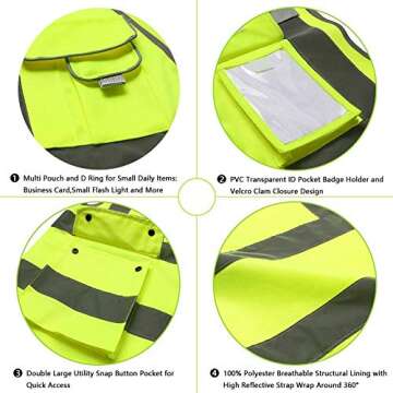 Tekware Safety Vest with Pockets 2 Pack, Yellow High Visibility Vest with Reflective Silver Strip, Zipper Construction Vest for Night Running, Jogging, Cycling Walking (L)