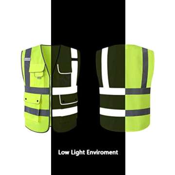 Tekware Safety Vest with Pockets 2 Pack, Yellow High Visibility Vest with Reflective Silver Strip, Zipper Construction Vest for Night Running, Jogging, Cycling Walking (L)