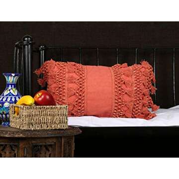 RAJRANG Coral 20x12 Inches Boho Pillow Cover with Tassels
