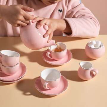 Sweejar Porcelain Tea Set for Little Girls,Kitchen Toys Tea Party Set for Kids Toddler Kitchen Pretend Toy Include Children Teapot, Cup & Saucer Set of 4, Sugar Bowl and Cream Pitcher(Pink Polka Dot)