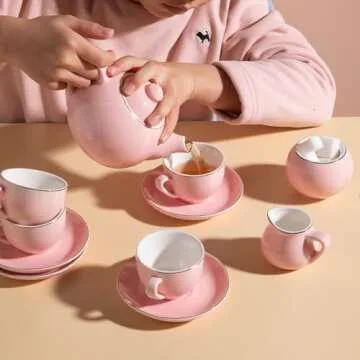 Sweejar Porcelain Tea Set for Little Girls,Kitchen Toys Tea Party Set for Kids Toddler Kitchen Pretend Toy Include Children Teapot, Cup & Saucer Set of 4, Sugar Bowl and Cream Pitcher(Pink Polka Dot)