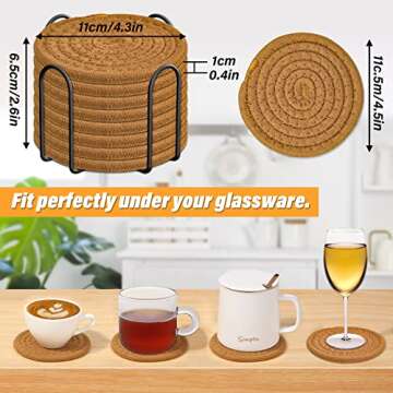 Mckanti 8 Pcs Drink Coasters with Holder, Absorbent Coasters for Drinks, Minimalist Cotton Woven Coaster Set for Home Decor Tabletop Protection Suitable for Kinds of Cups, 4.3 Inches.