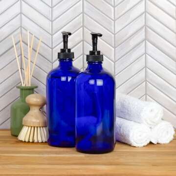 Cornucopia Brands 16oz Cobalt Blue Glass Bottles w/Lotion Pump Dispensers (2-Pack); Refillable Liquid Soap, Hand Care, Pump Bottles + Chalk Labels & Lids