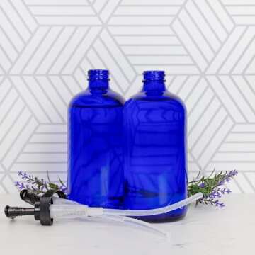Cornucopia Brands 16oz Cobalt Blue Glass Bottles w/Lotion Pump Dispensers (2-Pack); Refillable Liquid Soap, Hand Care, Pump Bottles + Chalk Labels & Lids