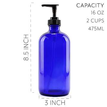 Cornucopia Brands 16oz Cobalt Blue Glass Bottles w/Lotion Pump Dispensers (2-Pack); Refillable Liquid Soap, Hand Care, Pump Bottles + Chalk Labels & Lids