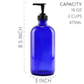 Cornucopia Brands 16oz Cobalt Blue Glass Bottles w/Lotion Pump Dispensers (2-Pack); Refillable Liquid Soap, Hand Care, Pump Bottles + Chalk Labels & Lids