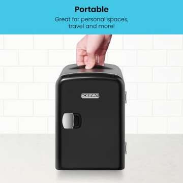 Chefman - Iceman Mini Portable Black Personal Fridge Cools Or Heats and Provides Compact Storage For Skincare, Snacks, Or 6 12oz Cans W/A Lightweight 4-liter Capacity To Take On The Go