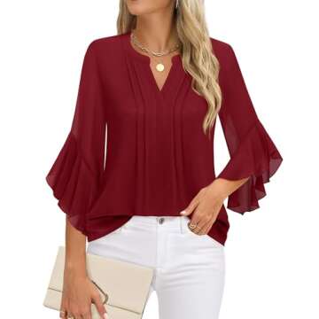 Timeson Summer Blouses for Women 2025: Business Work — Womens 3/4 Sleeve Tops — Black Shirts Dressy Casual Elegant Formal Chiffon Ladies Tops Professional Office Attire Fancy Flowy Pretty Ancora Red