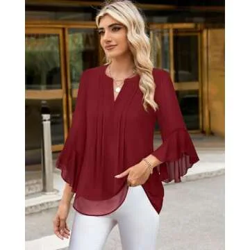 Timeson Summer Blouses for Women 2025: Business Work — Womens 3/4 Sleeve Tops — Black Shirts Dressy Casual Elegant Formal Chiffon Ladies Tops Professional Office Attire Fancy Flowy Pretty Ancora Red