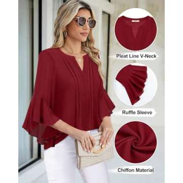 Timeson Summer Blouses for Women 2025: Business Work — Womens 3/4 Sleeve Tops — Black Shirts Dressy Casual Elegant Formal Chiffon Ladies Tops Professional Office Attire Fancy Flowy Pretty Ancora Red