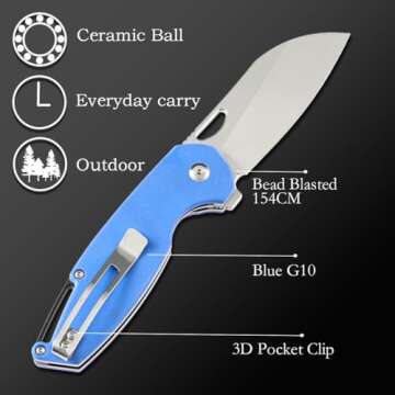 KANSEPT Model 6 Pocket Folding Knives EDC Camping Folding Knife 3.1'' Bead Blasted 154CM Material Pocket Folding Knife with Blue G10 Handle Everyday Carry Folding Knife T1022A3