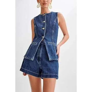 NIFTRIRY Two Piece Sets for Women Summer Vest Sets Women 2 Piece Outfits Denim Outfit for Women Suiting