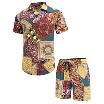 COOFANDY Men's Hawaiian Shirt Beach Vacation Button Up Flower Printed Shirt Summer Two Piece Outfits Fashion Set for Men