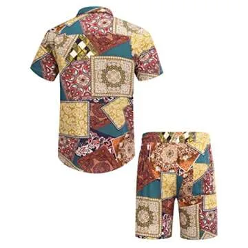 COOFANDY Men's Hawaiian Shirt Beach Vacation Button Up Flower Printed Shirt Summer Two Piece Outfits Fashion Set for Men