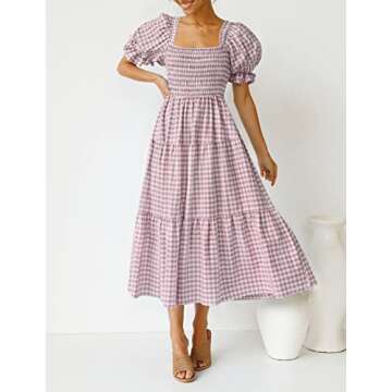 ZESICA Women's 2025 Bohemian Summer Plaid Square Neck Puff Sleeve Ruffle Flowy Beach Midi Dress,Taro...