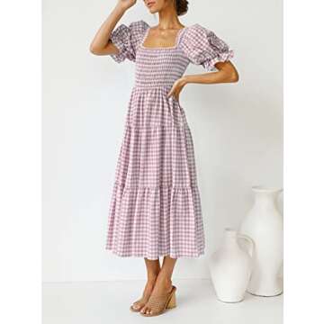 ZESICA Women's 2025 Bohemian Summer Plaid Square Neck Puff Sleeve Ruffle Flowy Beach Midi Dress,Taro,Medium
