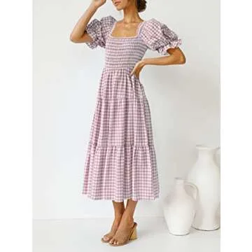 ZESICA Women's 2025 Bohemian Summer Plaid Square Neck Puff Sleeve Ruffle Flowy Beach Midi Dress,Taro,Medium