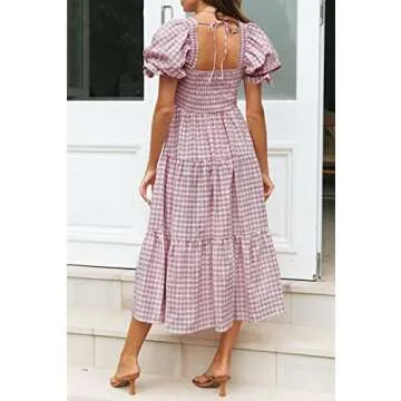 ZESICA Women's 2025 Bohemian Summer Plaid Square Neck Puff Sleeve Ruffle Flowy Beach Midi Dress,Taro,Medium