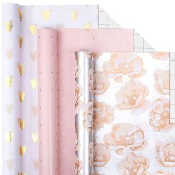 MAYPLUSS Pink Valentine's Day Wrapping Paper Roll - Mini Roll - 17in x 120in Per roll - Gray Floral,...