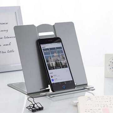 MSDADA Desk Book Stand Metal Reading Rest Book Holder Angle Adjustable Stand Document Holder Portable Sturdy Lightweight Bookstands-Textbooks Tablet Music Books Cook Recipe (Grey)